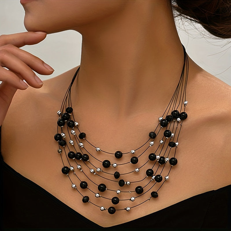 Multi-Strand Imitation Pearl Beaded Boho Necklace with Silver-Tone Accents