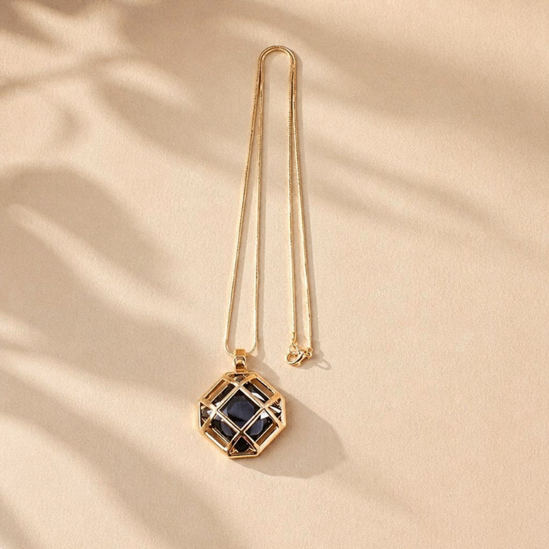 Geometric Black Crystal Pendant Necklace with Snake Chain — view 2