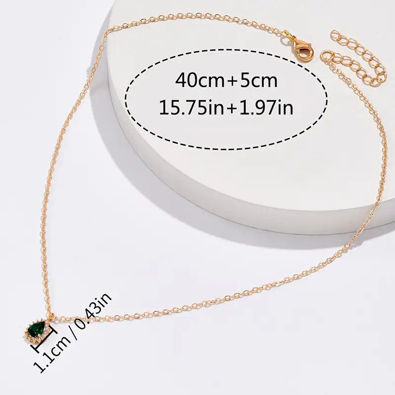 Teardrop Emerald Pendant Necklace with Crystal Halo Setting, Gold Tone Chain