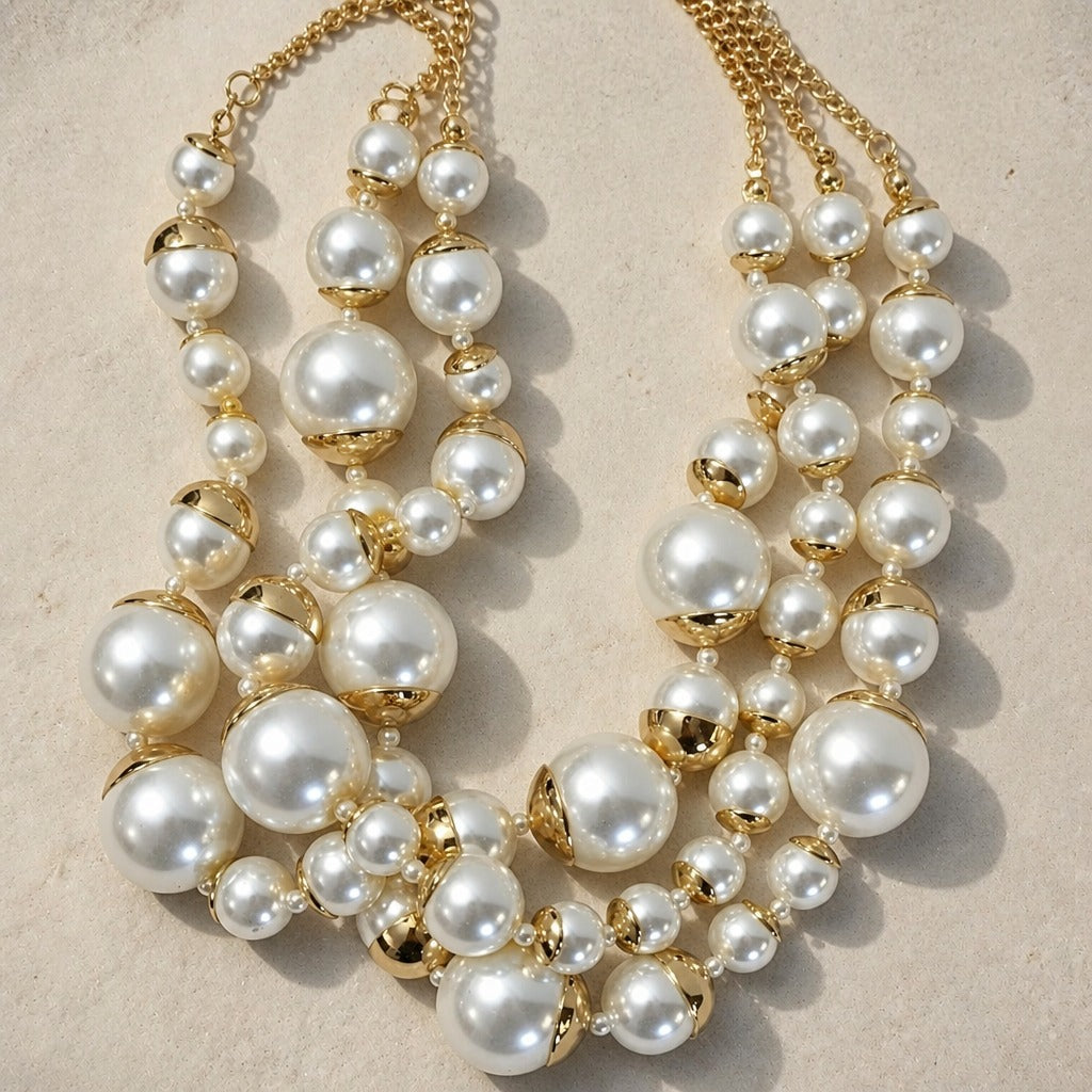 Triple-Strand Pearl Necklace with Graduated Beads and Gold-Tone Spacers — main image