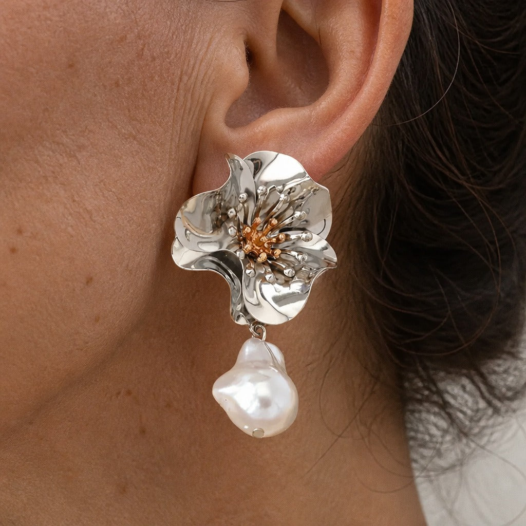 Baroque Pearl Flower Drop Earrings with Sculptural Petal Detail — view 3