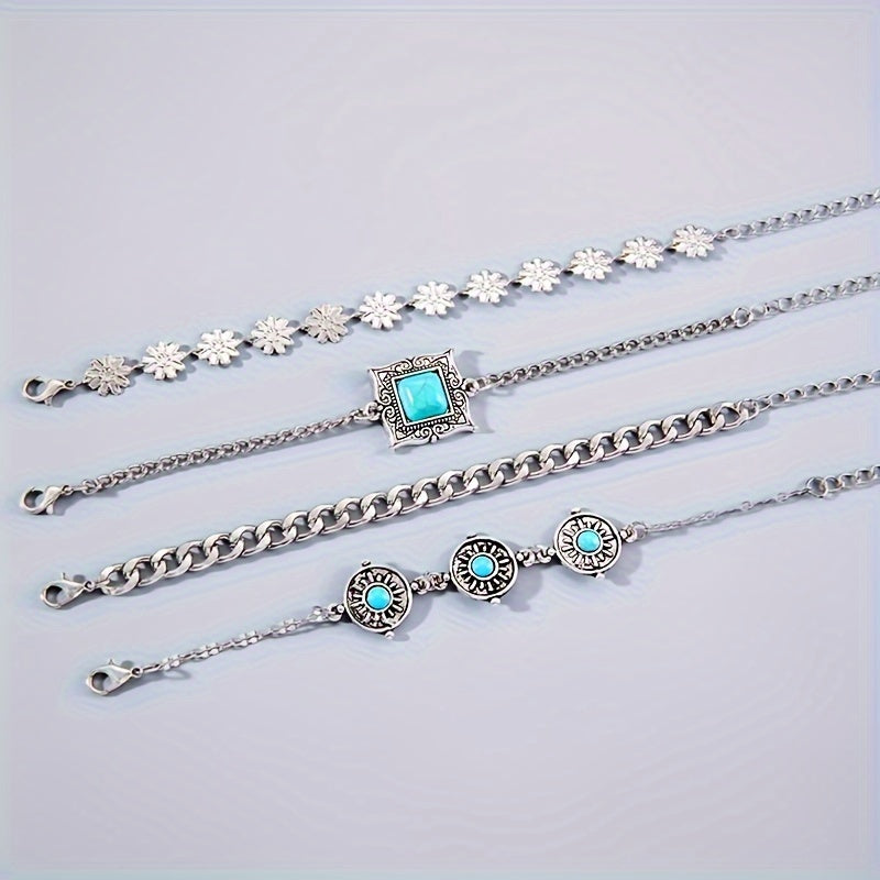 Turquoise Charm Layered Bracelet Set, 5-Piece Silver-Tone Stack