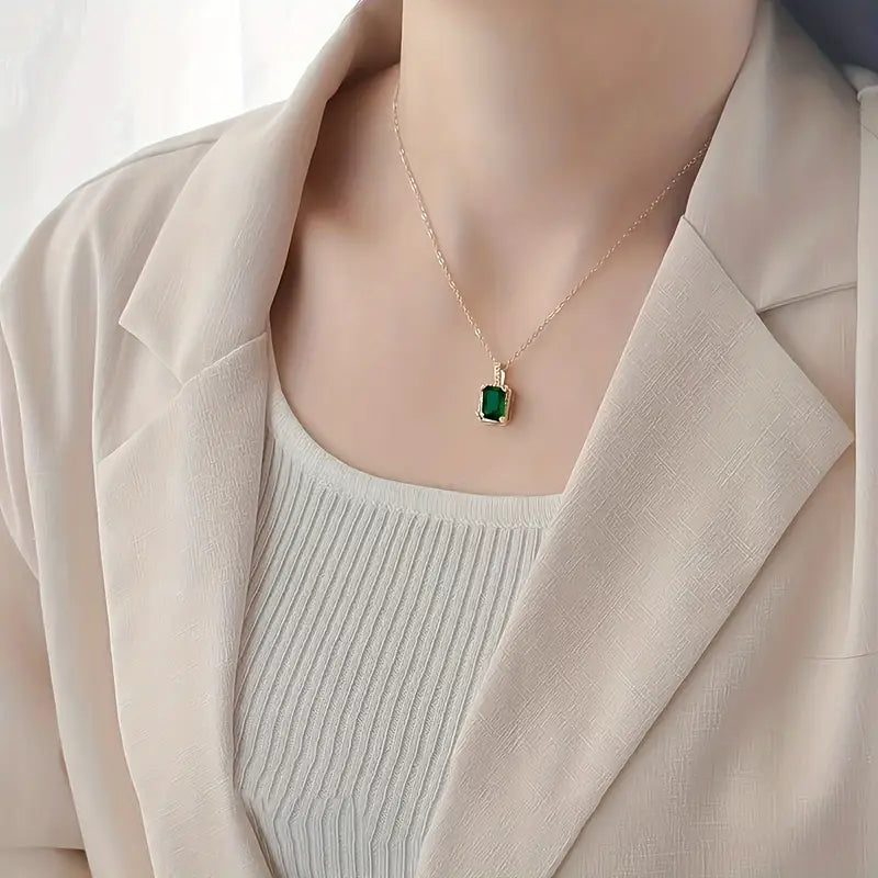 Cushion-Cut Emerald Pendant Necklace with Gold-Tone Halo Setting