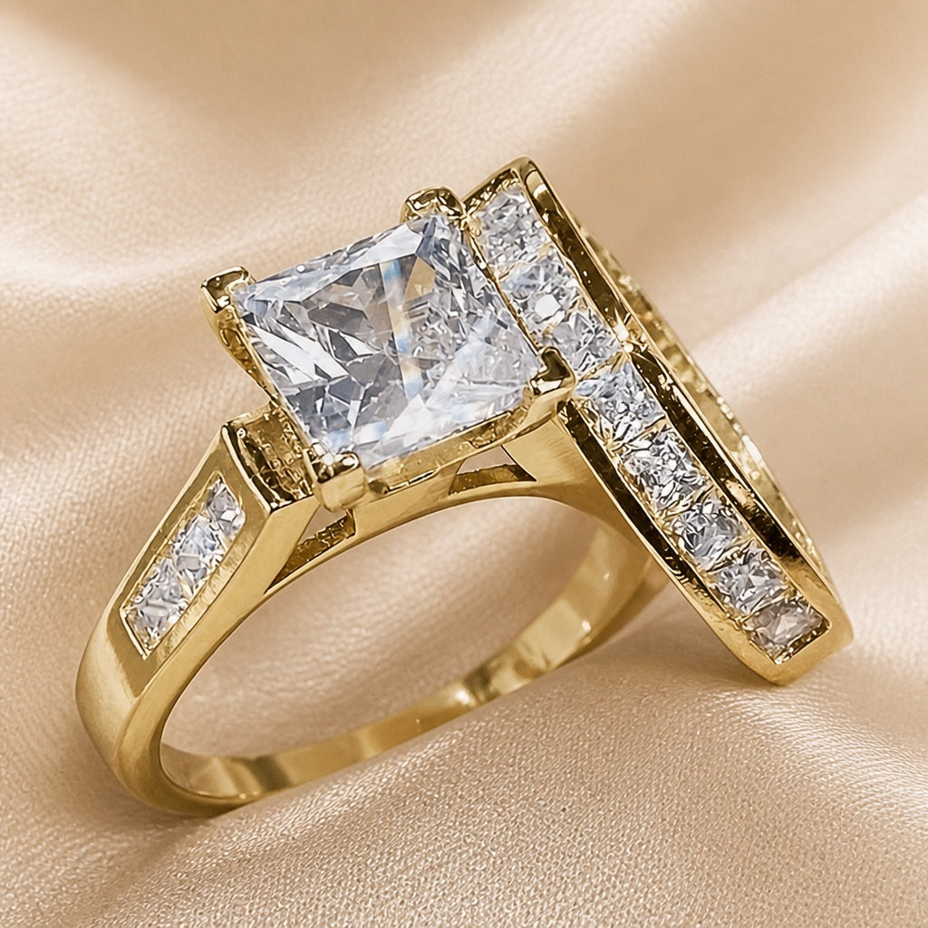 Square Zirconia Ring Set with Matching Band in White Gold or Gold Tone