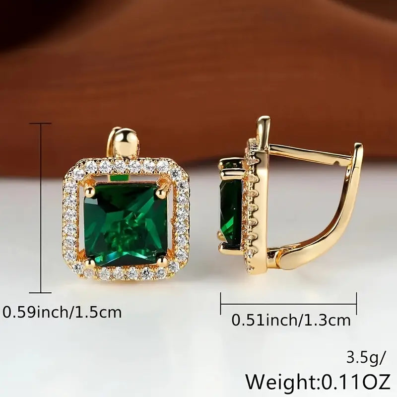 Square-Cut Green Zirconia Halo Stud Earrings with Pavé Accents