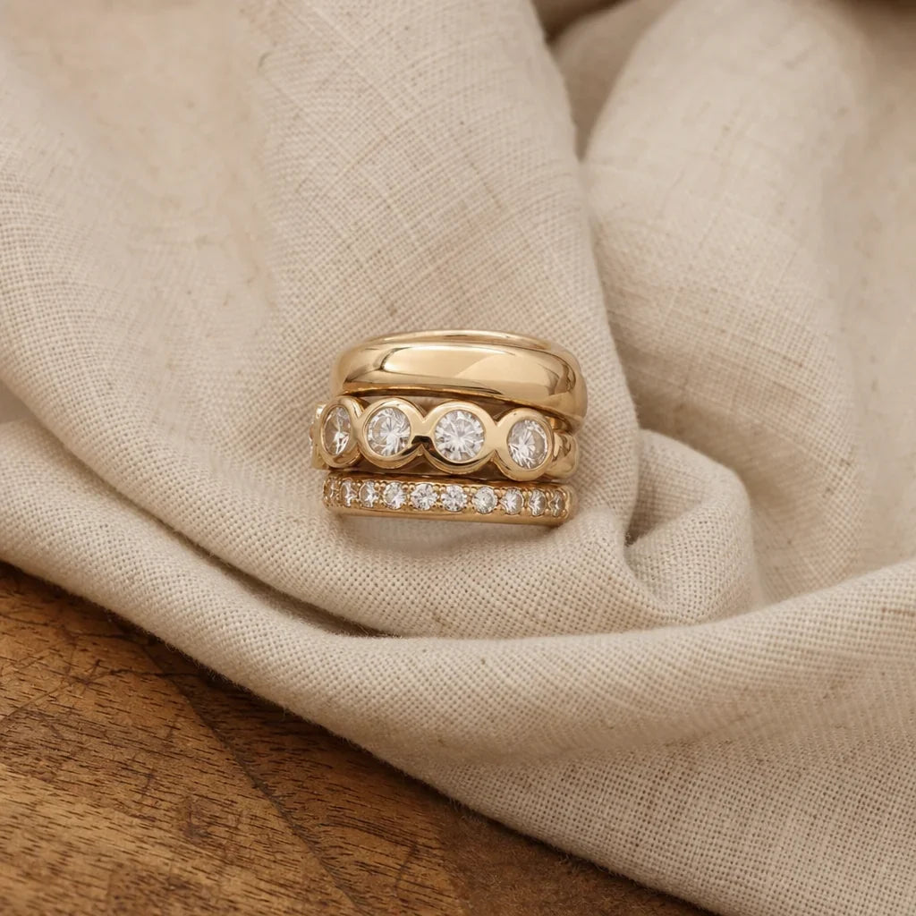 Bezel-Set Stone Stackable Ring Set with Pavé Band in Gold Tone