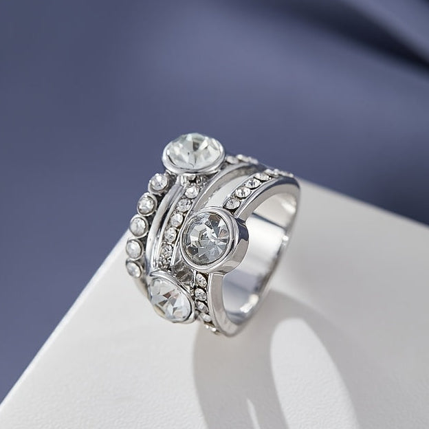 Round Bezel Cubic Zirconia Stacking Ring Set with Pave Band