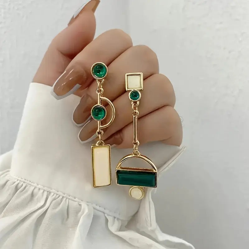Asymmetrical Emerald and Cream Drop Earrings with Geometric Stones