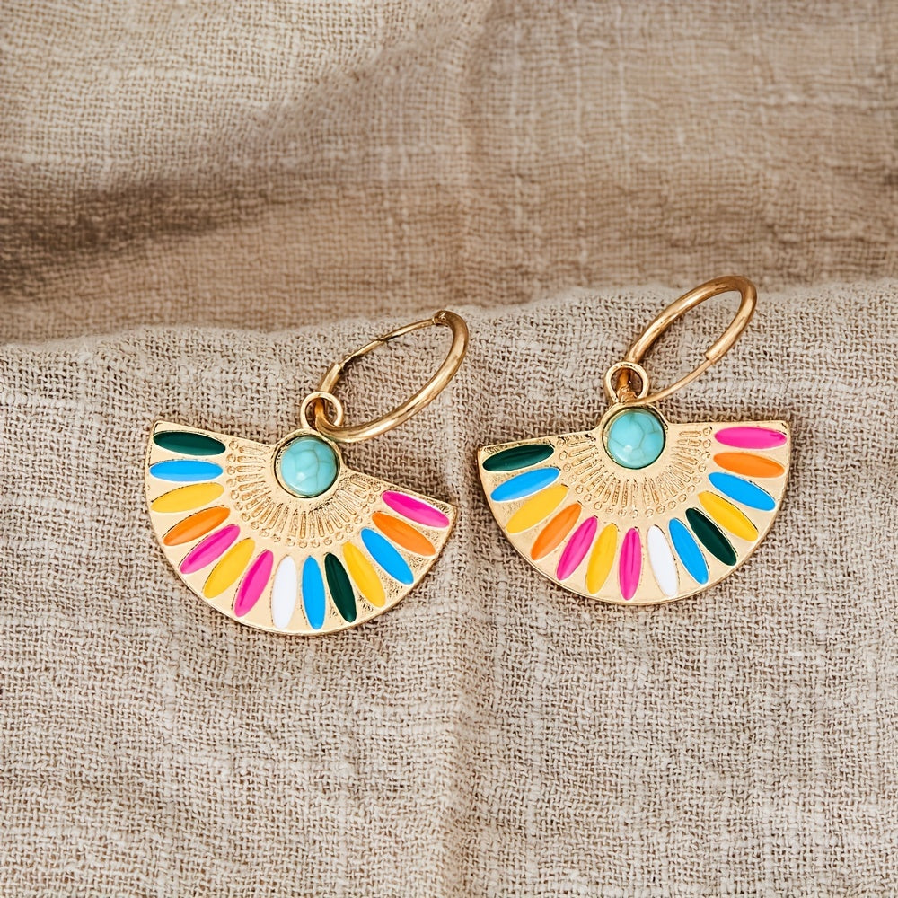 Fan-Shaped Turquoise Drop Earrings with Colorful Enamel Detail