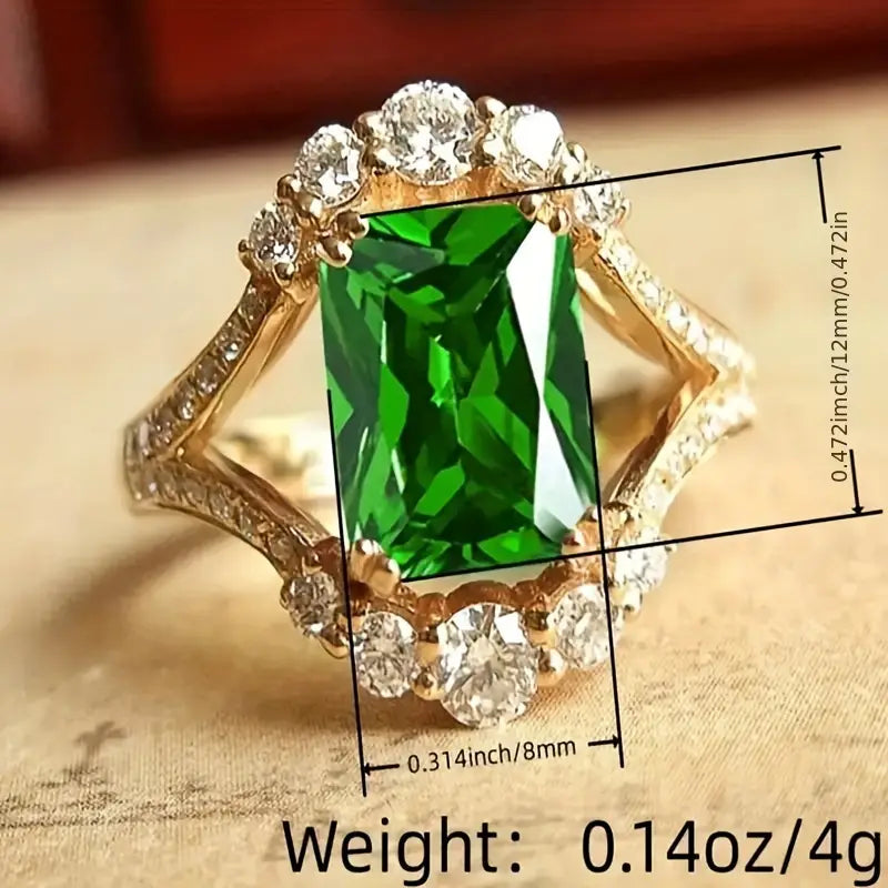 Emerald-Cut Green Stone Halo Ring with Geometric Frame in Gold Tone — view 4