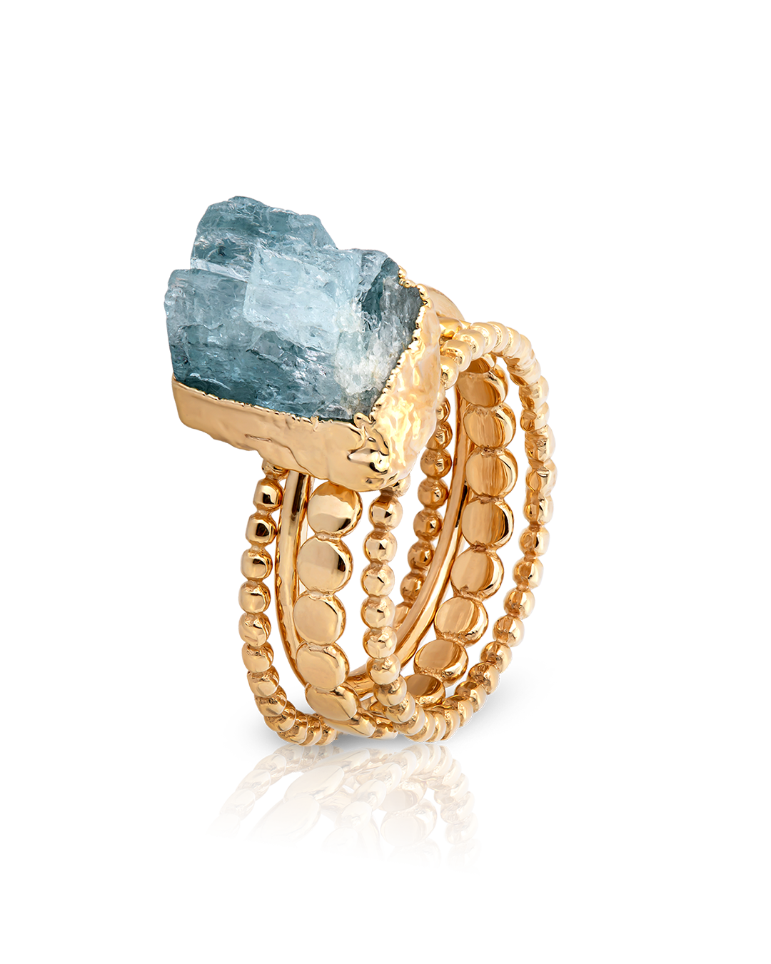 Raw Aquamarine Stacking Ring Set with Beaded Gold Bands