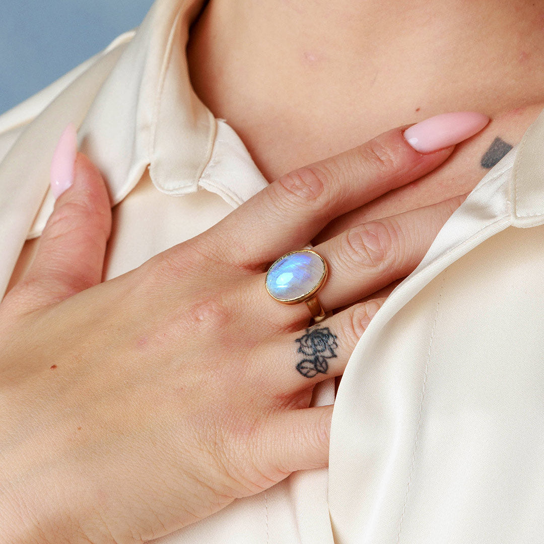Oval Moonstone Ring with Gold Bezel Setting
