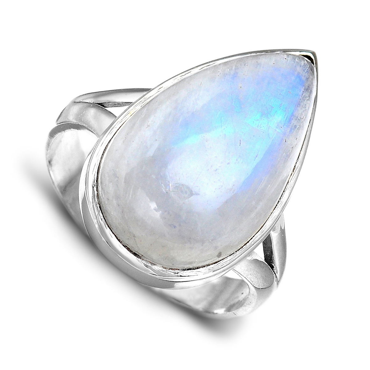 Teardrop Moonstone Ring with Split Band in Silver Tone