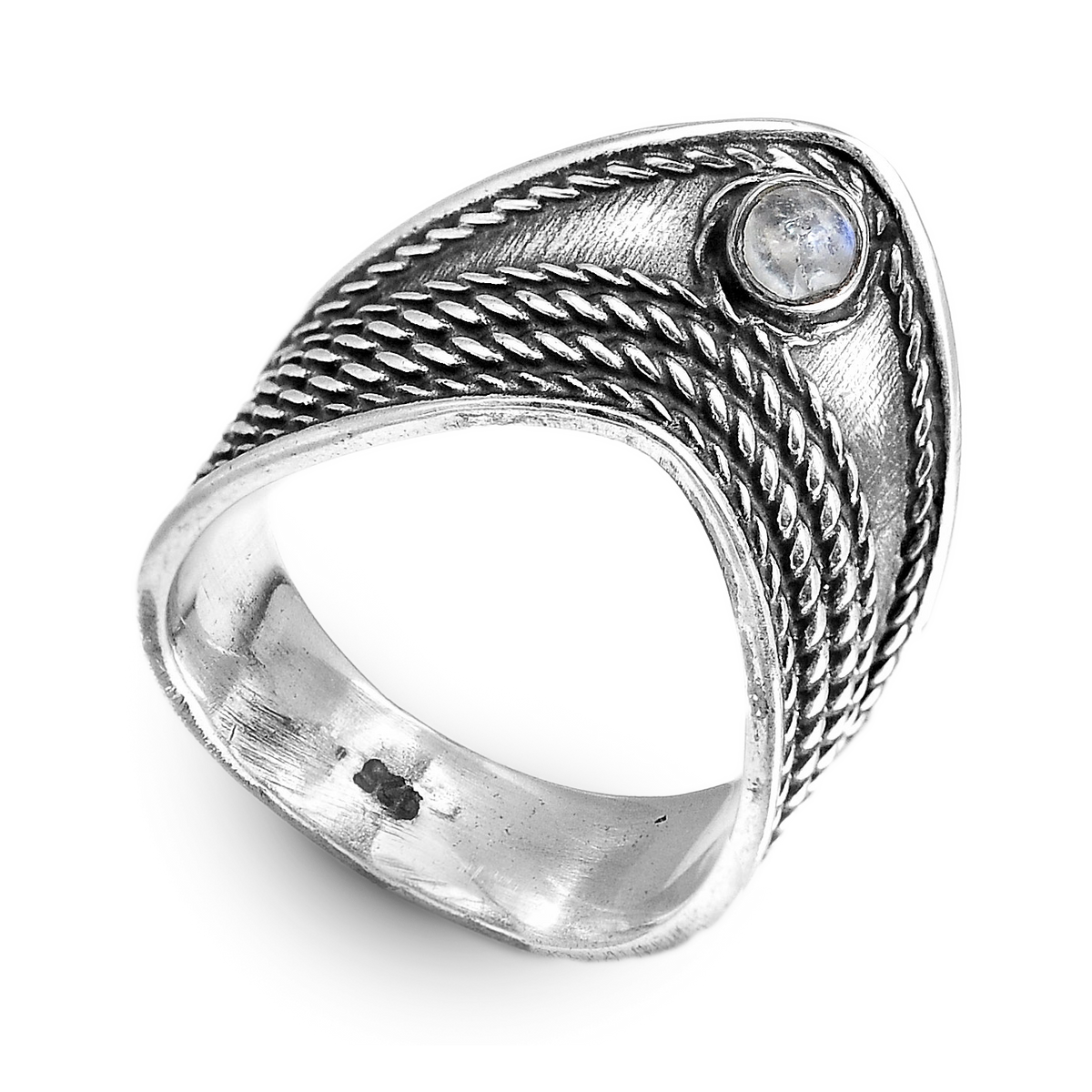 Chevron Rainbow Moonstone Ring with Oxidized Silver Band