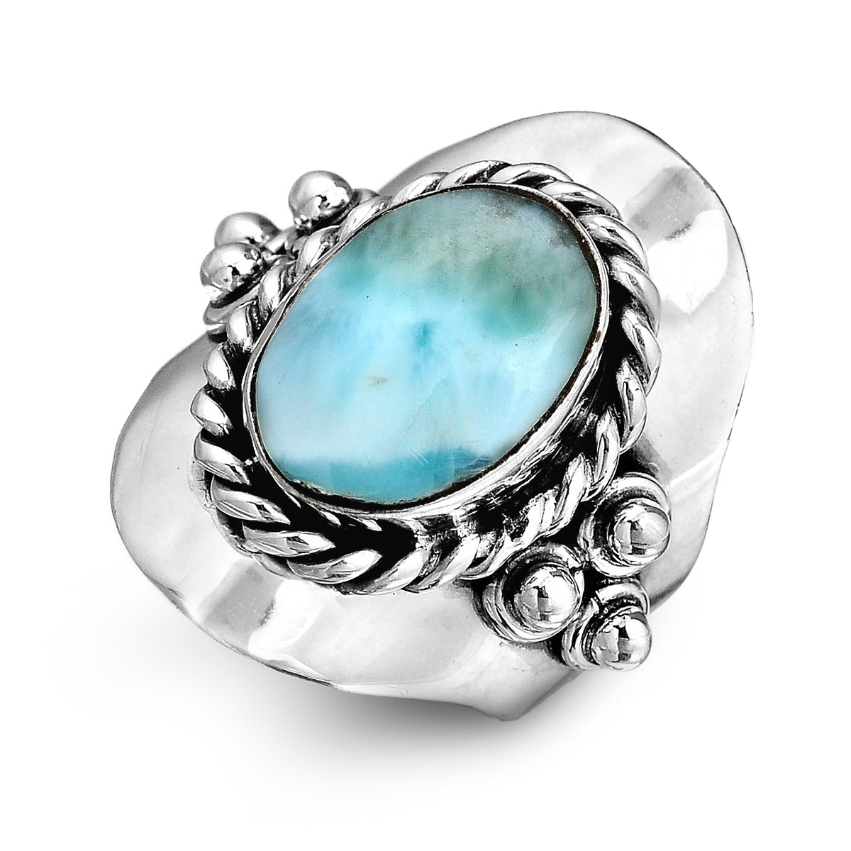 Oval Larimar Sterling Silver Statement Ring with Twisted Border