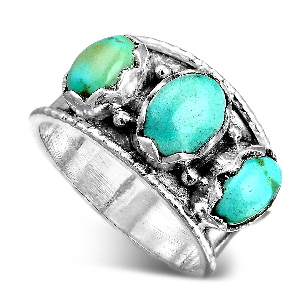 Three-Stone Oval Turquoise Ring, Wide Sterling Silver Band