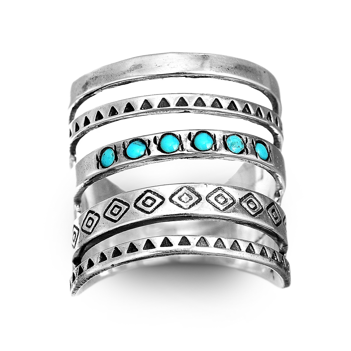 Southwestern Turquoise Stacked Ring with Hand-Stamped Silver Bands