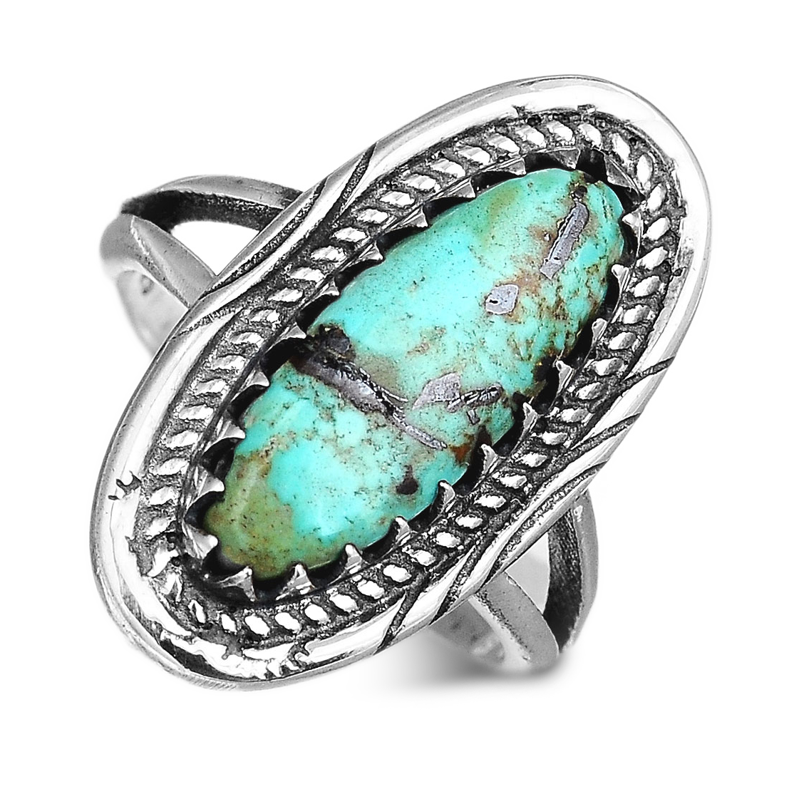 Turquoise Cocktail Ring with Ornate Oval Bezel – Southwestern Boho Style