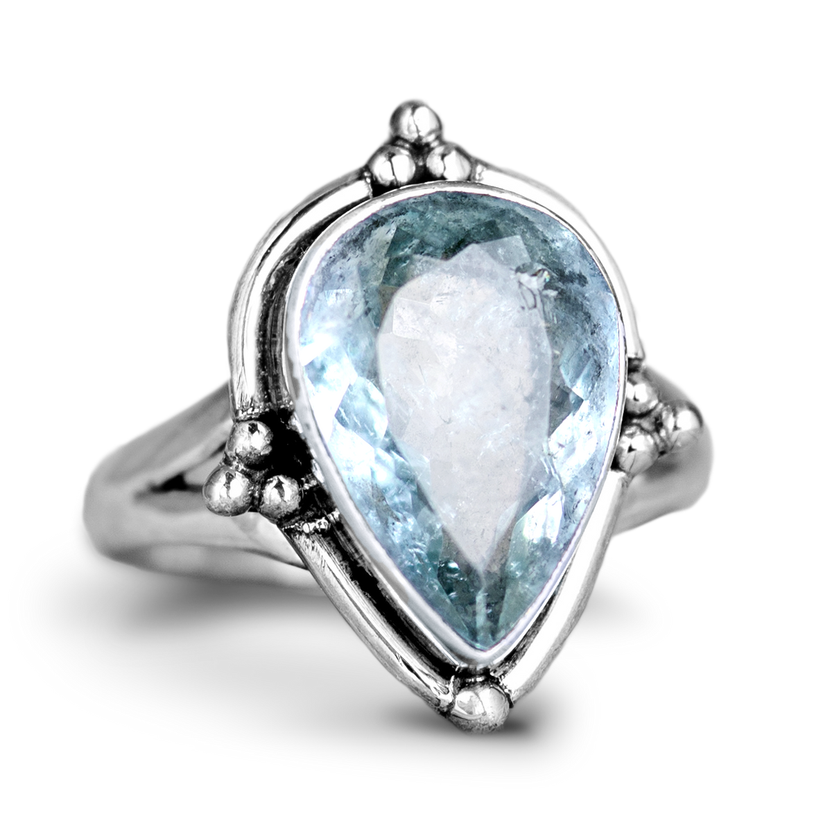 Teardrop Aquamarine Ring with Decorative Ball Bezel Setting