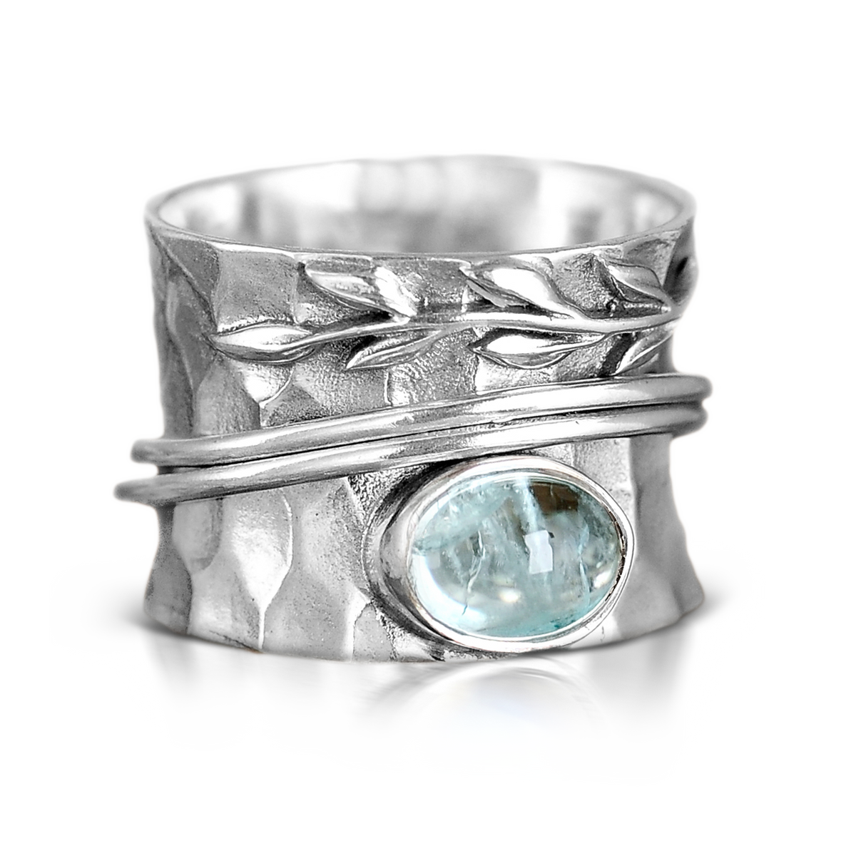 Aquamarine Leaf Spinner Ring in Hammered Sterling Silver