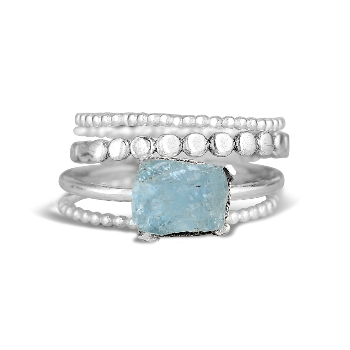 Raw Aquamarine Stacking Ring Set with Beaded Silver Bands
