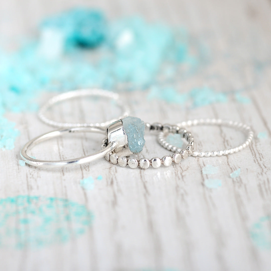 Raw Aquamarine Stacking Ring Set with Beaded Silver Bands