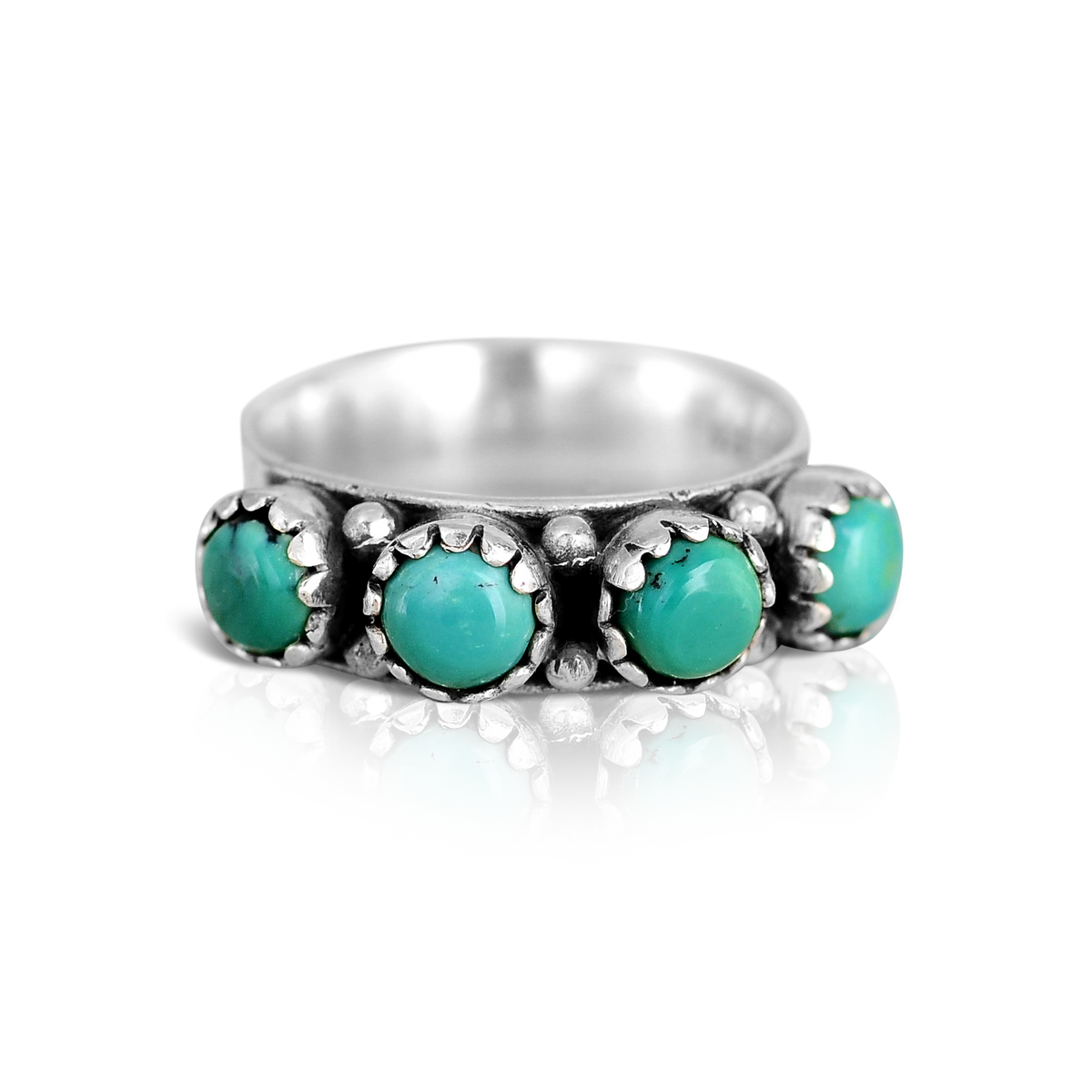 Turquoise Cabochon Ring with Oxidized Silver Beaded Band