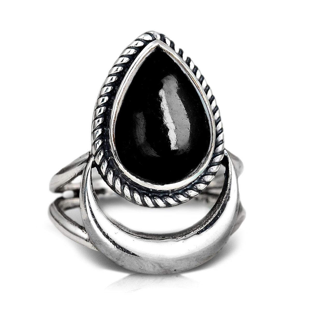 Crescent Moon Black Tourmaline Ring with Teardrop Cabochon in Sterling Silver