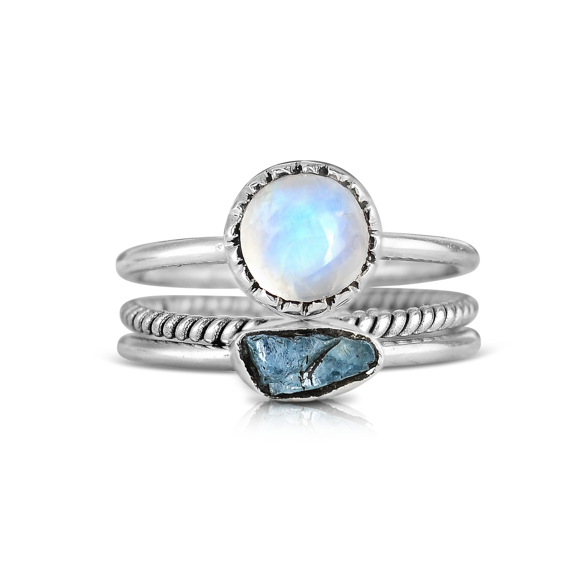 Moonstone & Raw Aquamarine Stackable Ring Set with Twisted Band, Sterling Silver