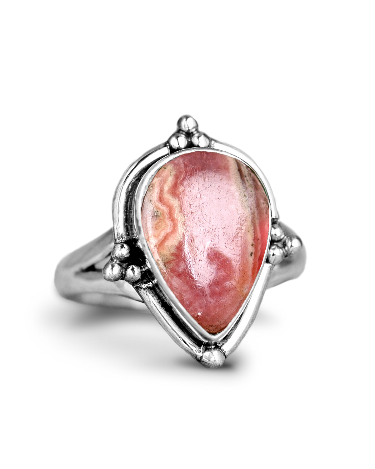 Teardrop Rhodochrosite Ring with Silver Beaded Bezel Detail