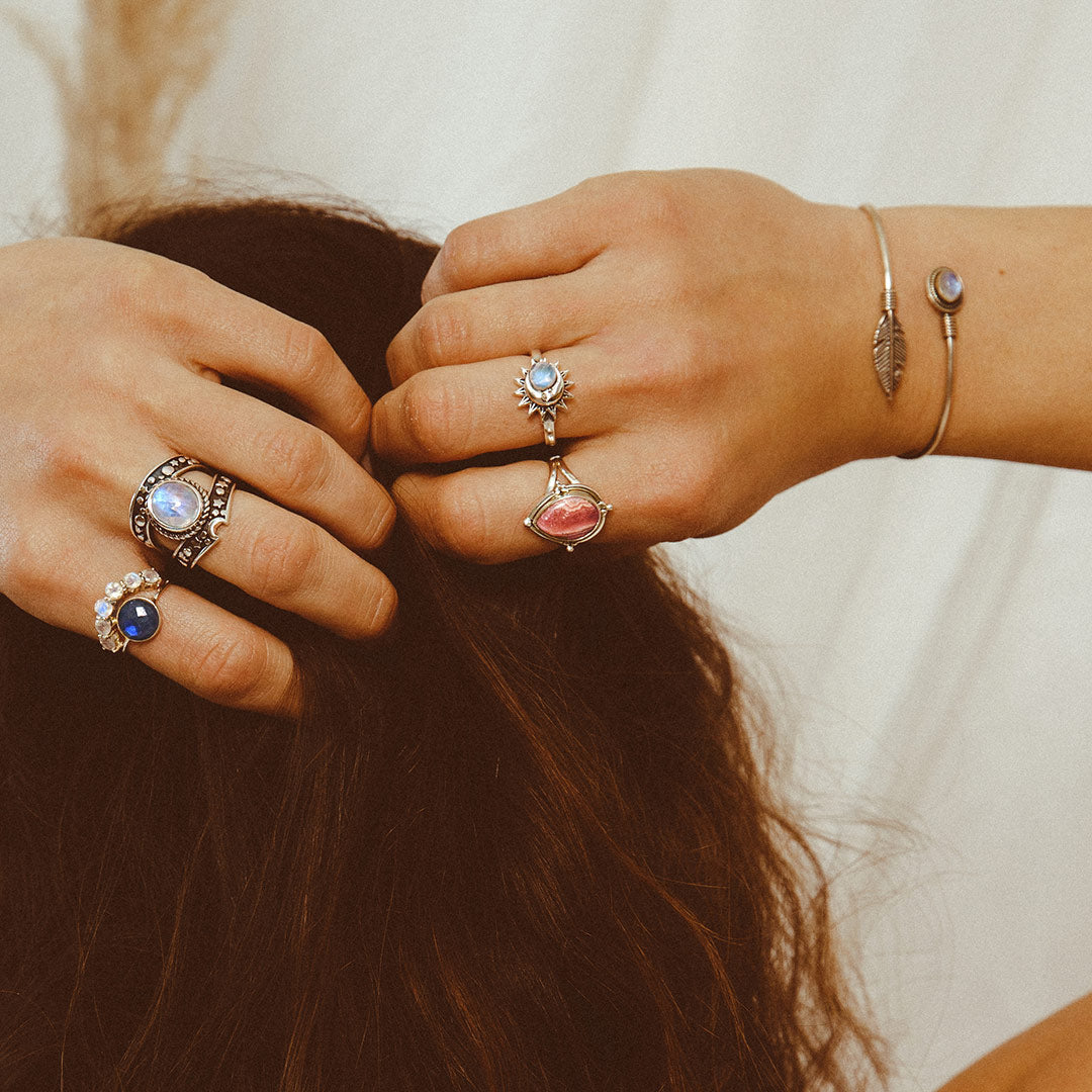 Teardrop Rhodochrosite Ring with Silver Beaded Bezel Detail