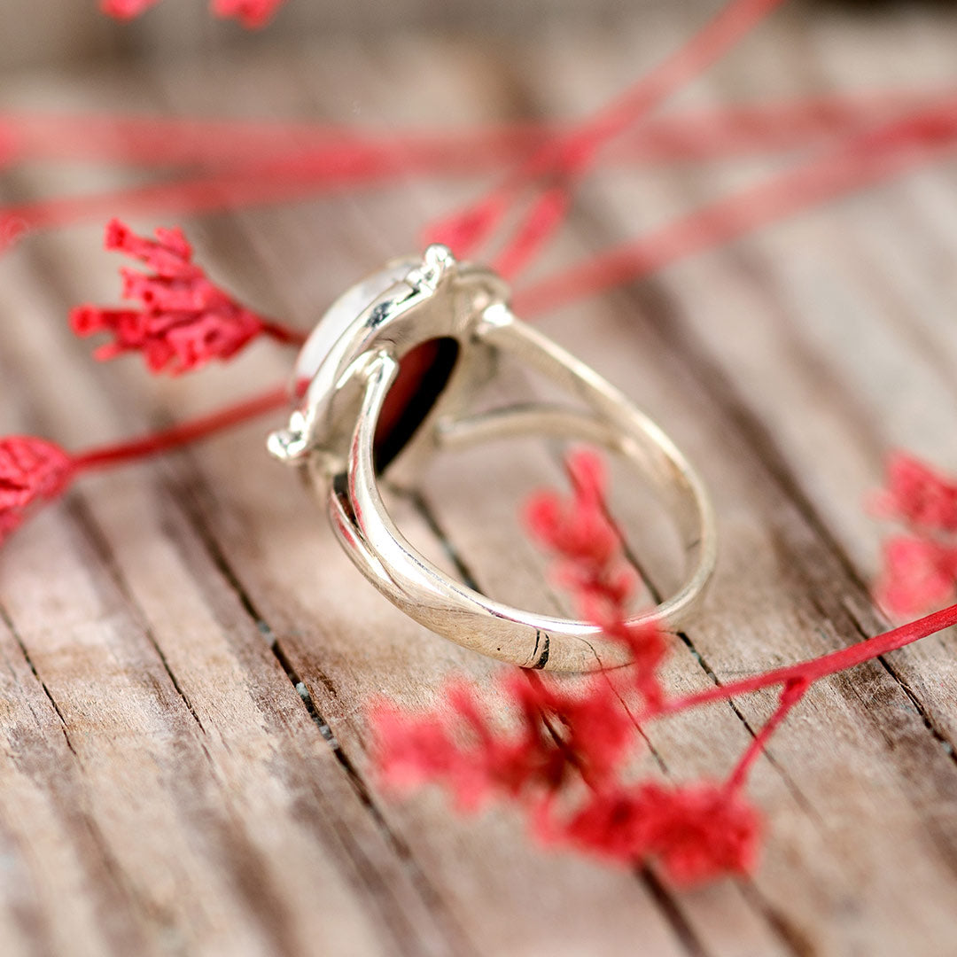 Teardrop Rhodochrosite Ring with Silver Beaded Bezel Detail