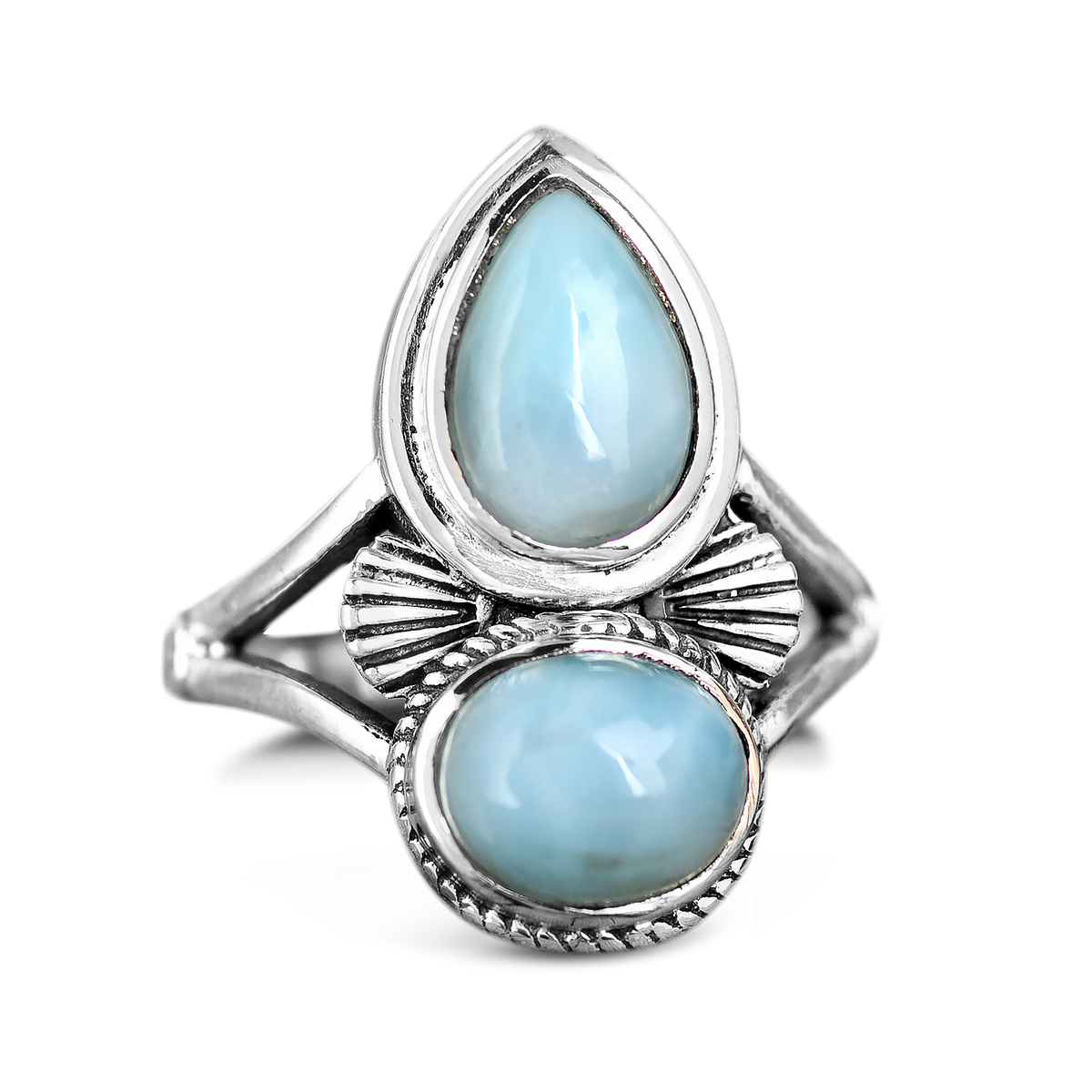 Two-Stone Larimar Ring with Shell Detail, Sterling Silver 925
