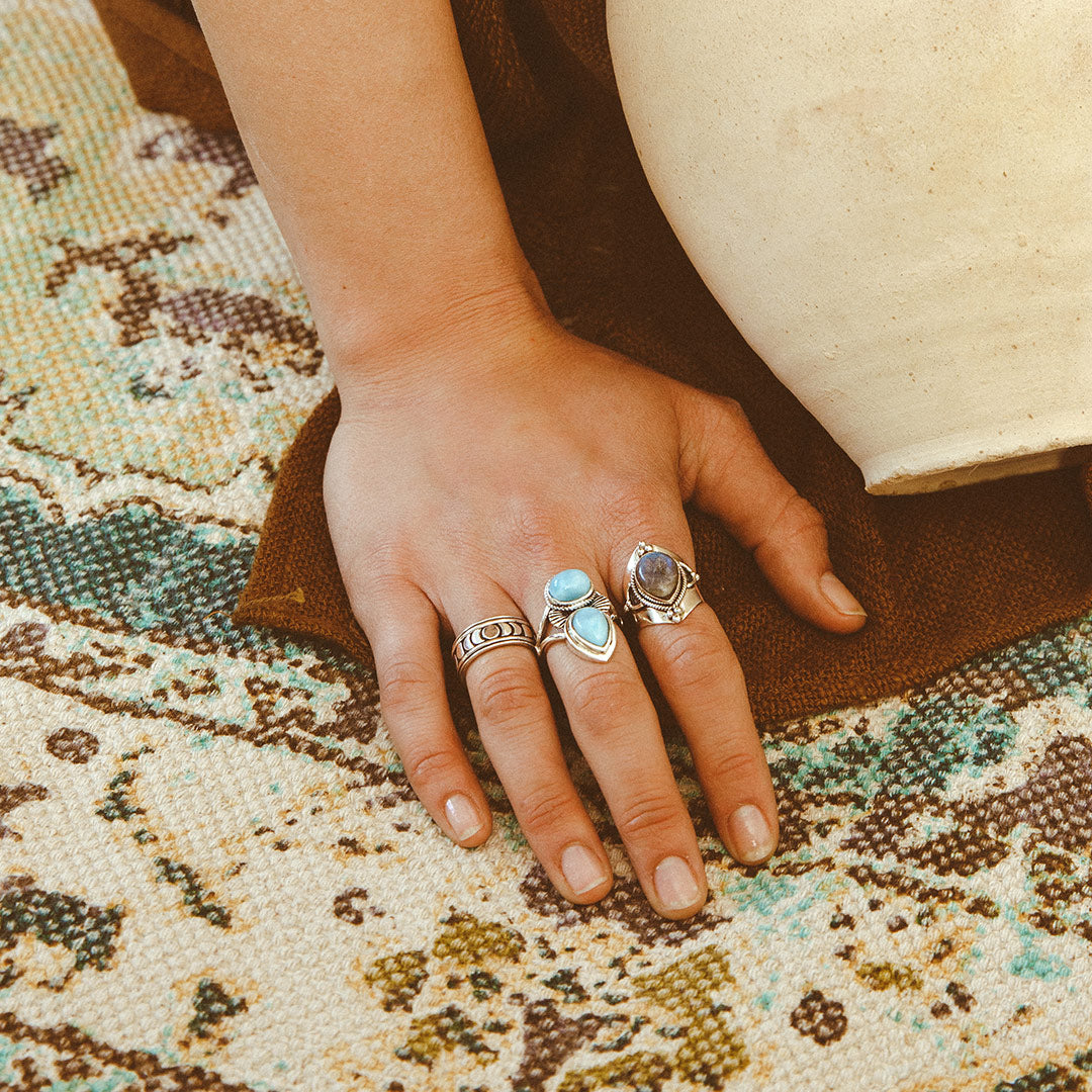 Two-Stone Larimar Ring with Shell Detail, Sterling Silver 925