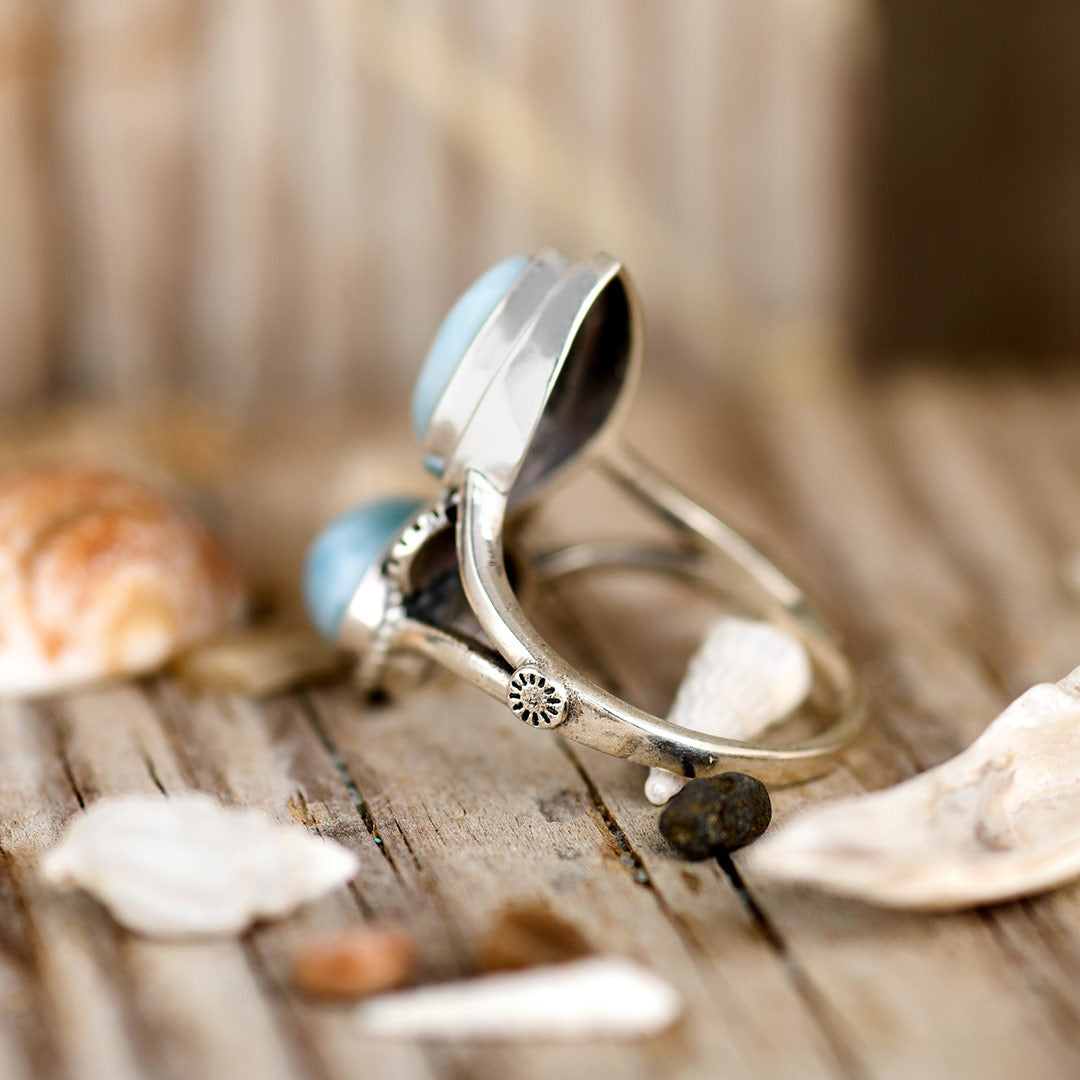 Two-Stone Larimar Ring with Shell Detail, Sterling Silver 925