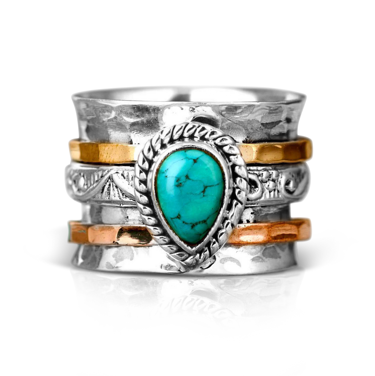 Teardrop Turquoise Fidget Ring with Rope-Twist Wide Band