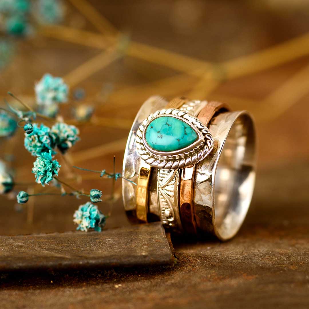 Teardrop Turquoise Fidget Ring with Rope-Twist Wide Band