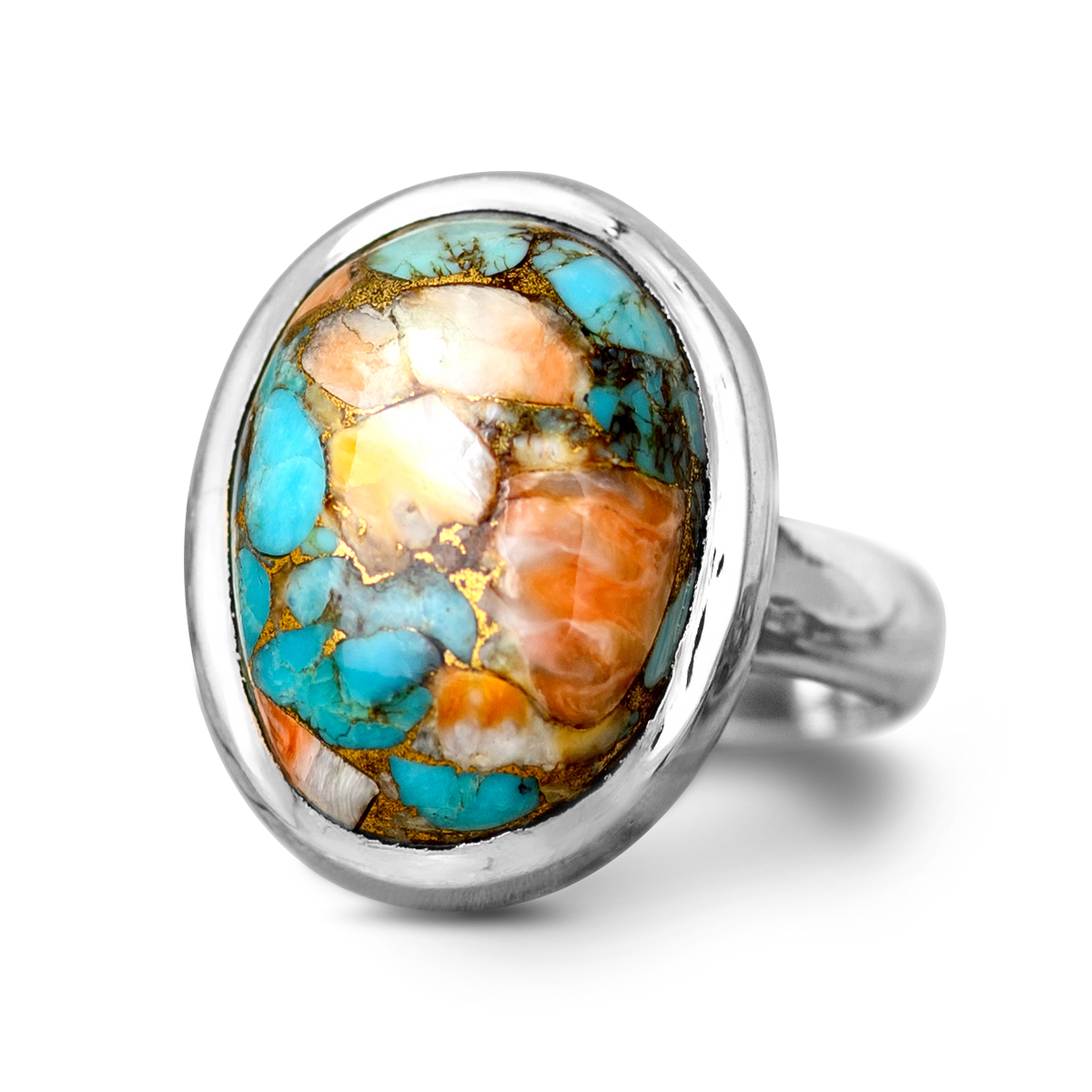 Oval Oyster Copper Turquoise Ring in Sterling Silver Bezel Setting
