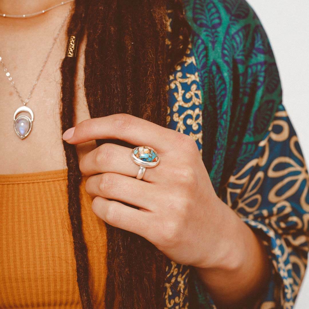 Oval Oyster Copper Turquoise Ring in Sterling Silver Bezel Setting