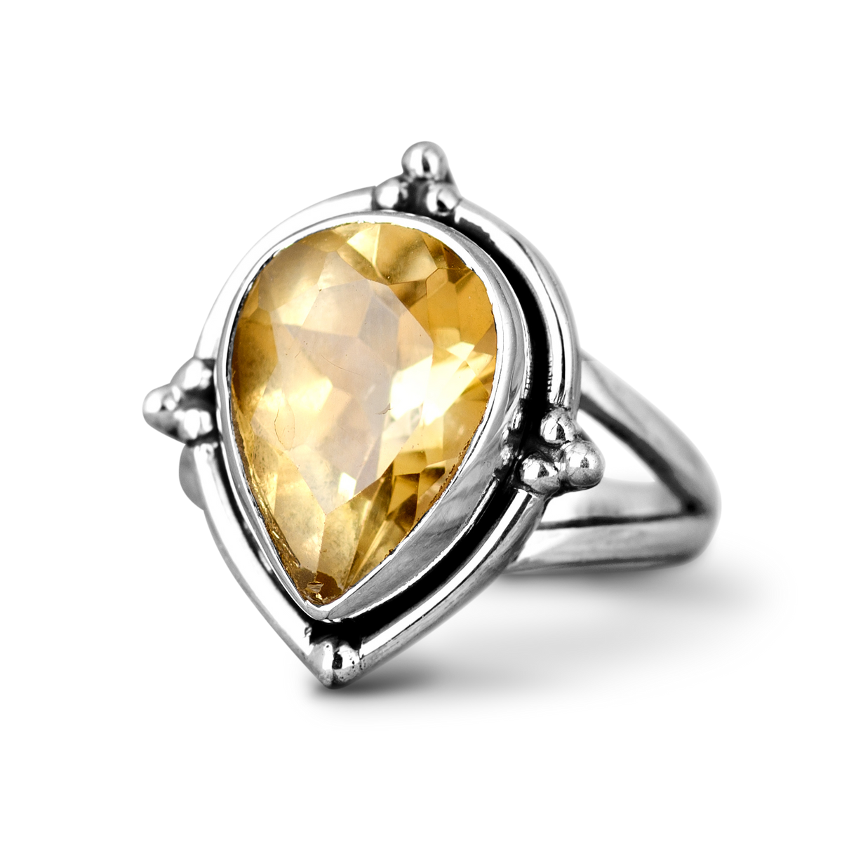 Citrine Teardrop Statement Ring with Silver-Tone Bezel Setting
