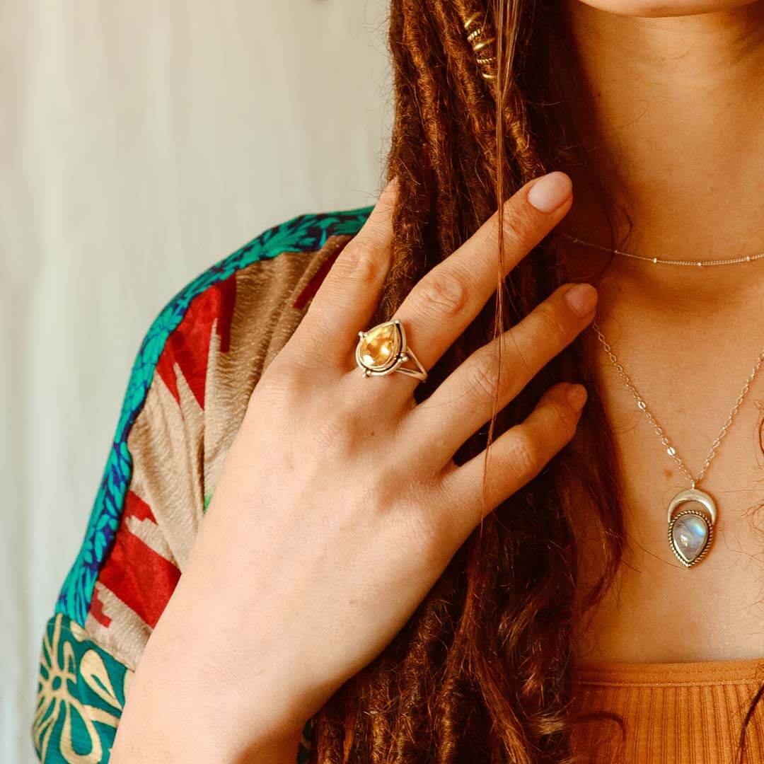 Citrine Teardrop Statement Ring with Silver-Tone Bezel Setting