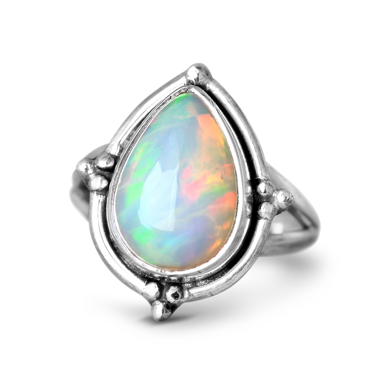 Teardrop Opal Ring with Silver Bezel Setting and Split Band