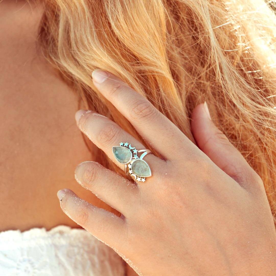 Double Teardrop Aquamarine Ring with Celestial Moon and Star Details