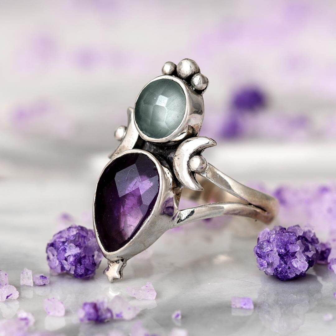 Amethyst Aquamarine Celestial Ring with Moon and Star Details, Sterling Silver 92.5