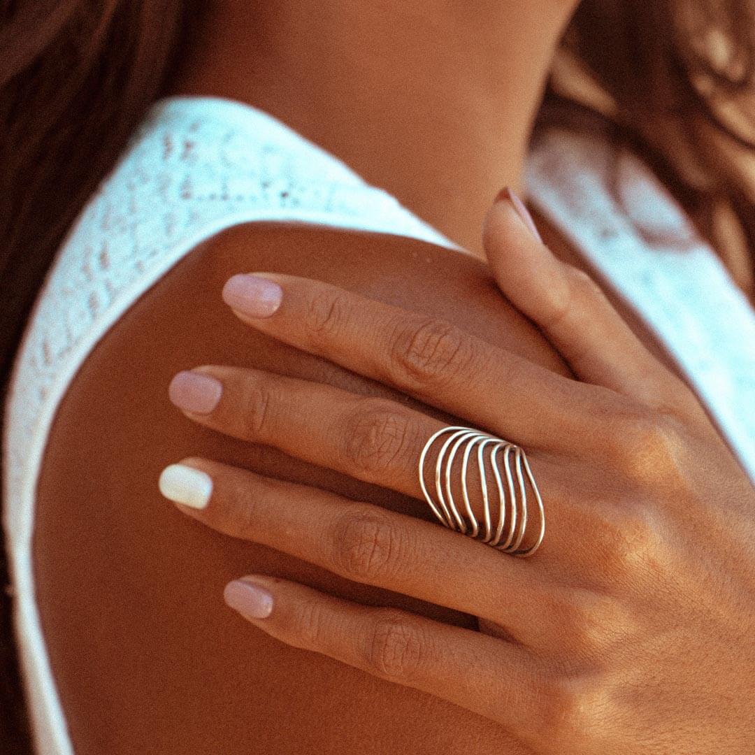 Wave Design Sterling Silver Statement Ring with Oxidized Accents