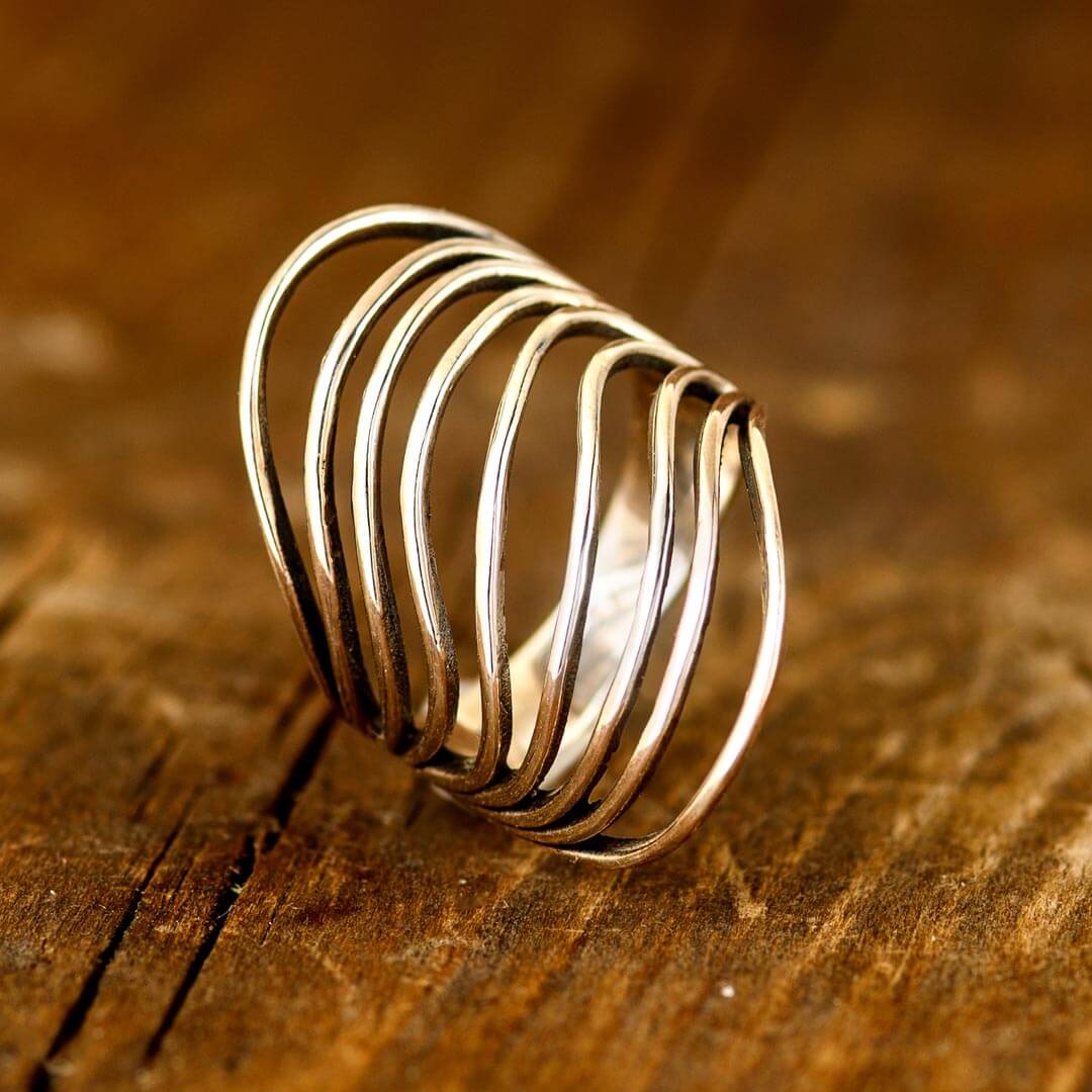 Wave Design Sterling Silver Statement Ring with Oxidized Accents