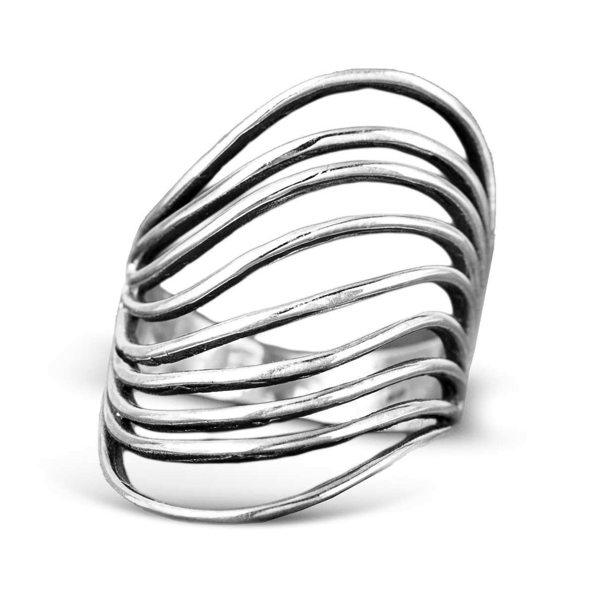 Wave Design Sterling Silver Statement Ring with Oxidized Accents
