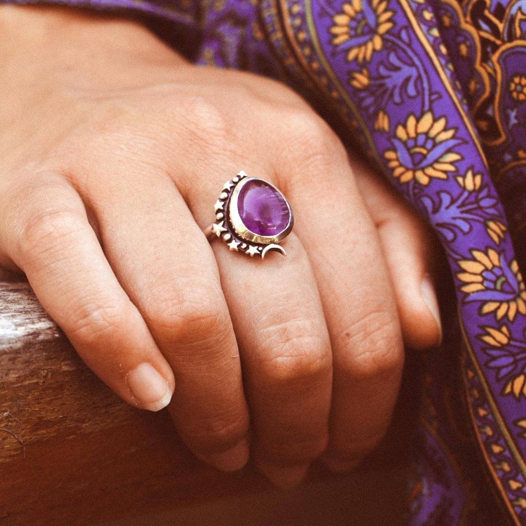 Amethyst Celestial Statement Ring with Crescent Moon and Stars, Sterling Silver