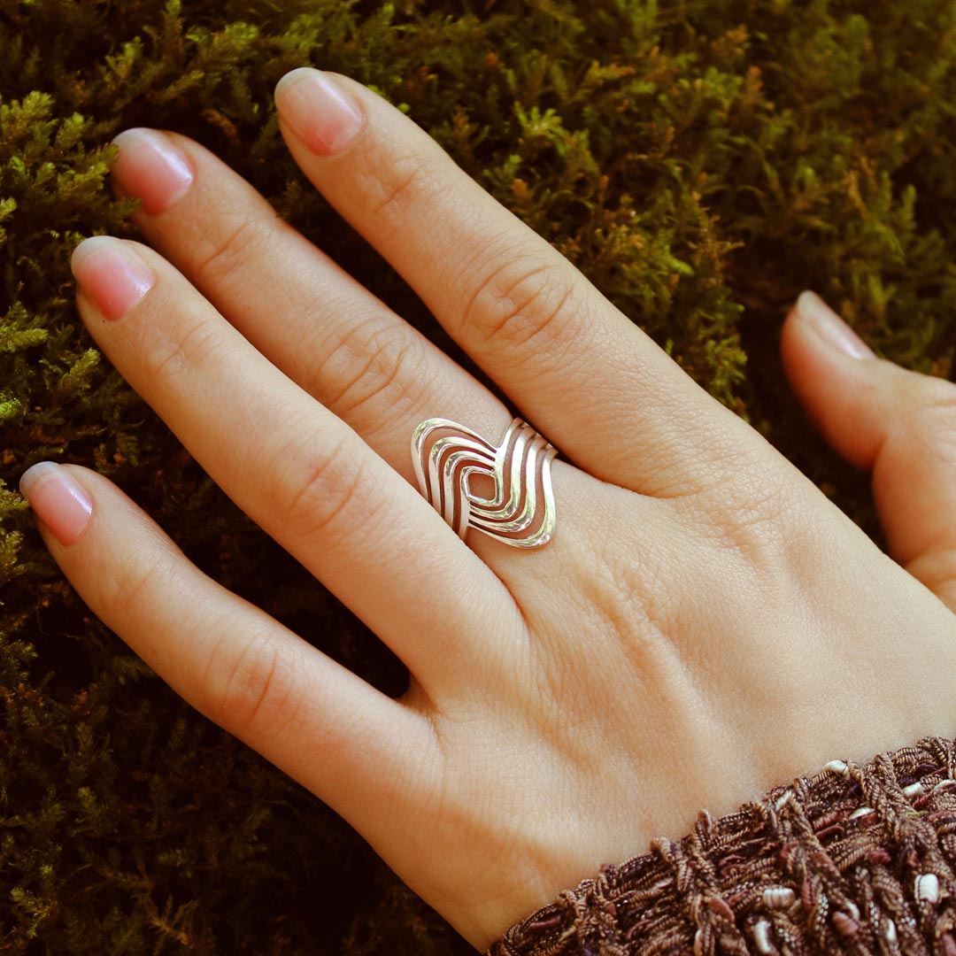 Wave-Pattern Statement Ring in Sterling Silver with Oxidized Detail
