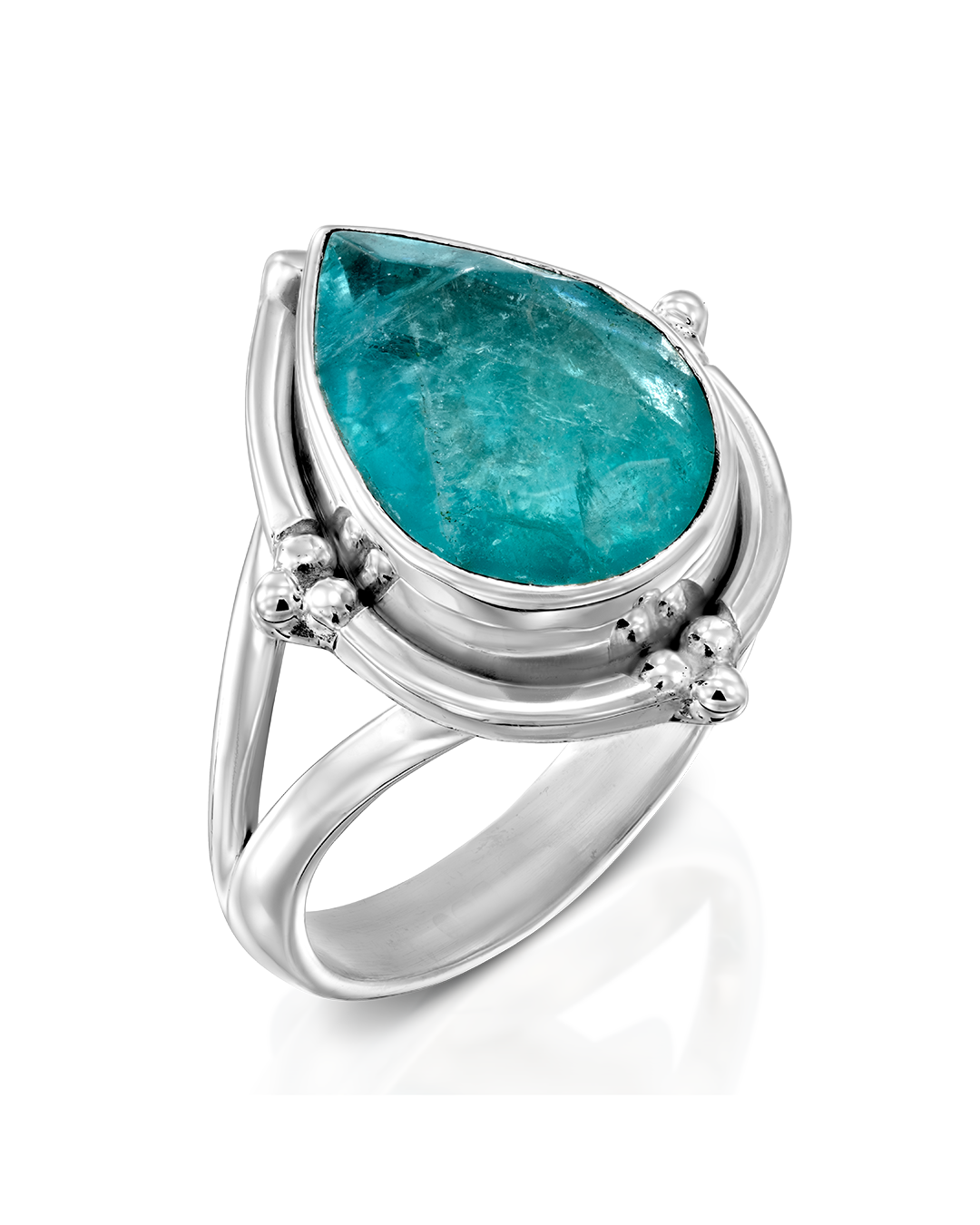 Teardrop Fluorite Ring in Sterling Silver with Ball Accents